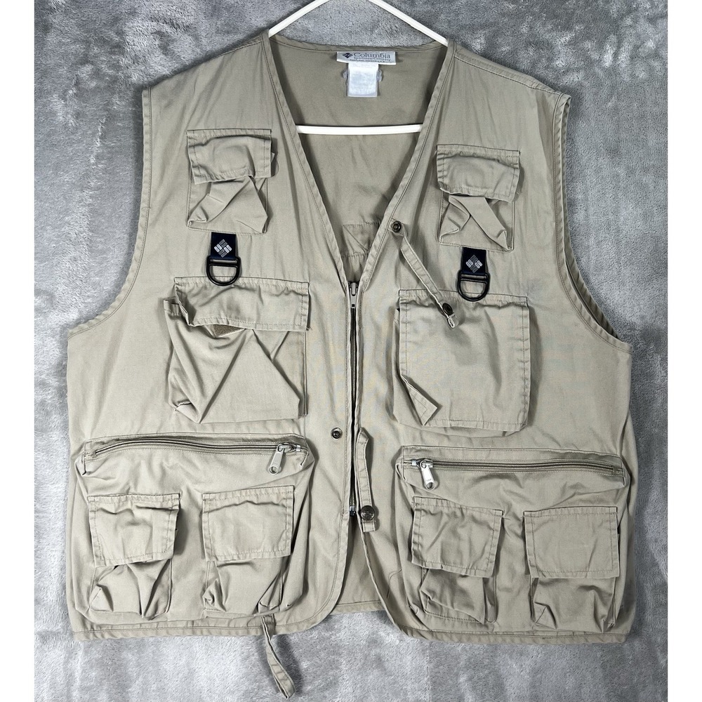 Columbia PFG Vest Men L / XL‎ Beige Poly Cotton Utility Fishing Hunting Full Zip